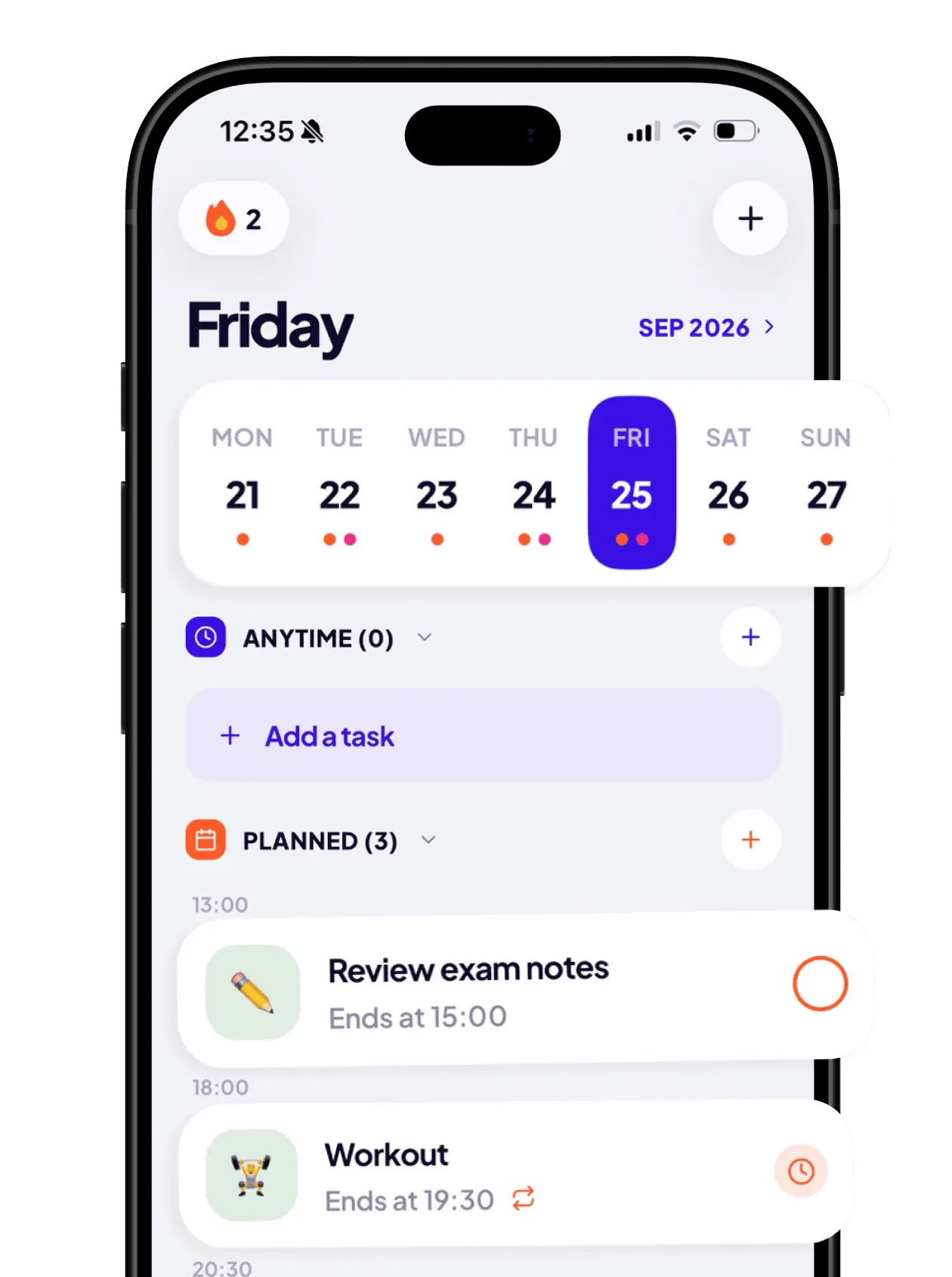 Tikku home screen: Friday’s tasks with a week calendar