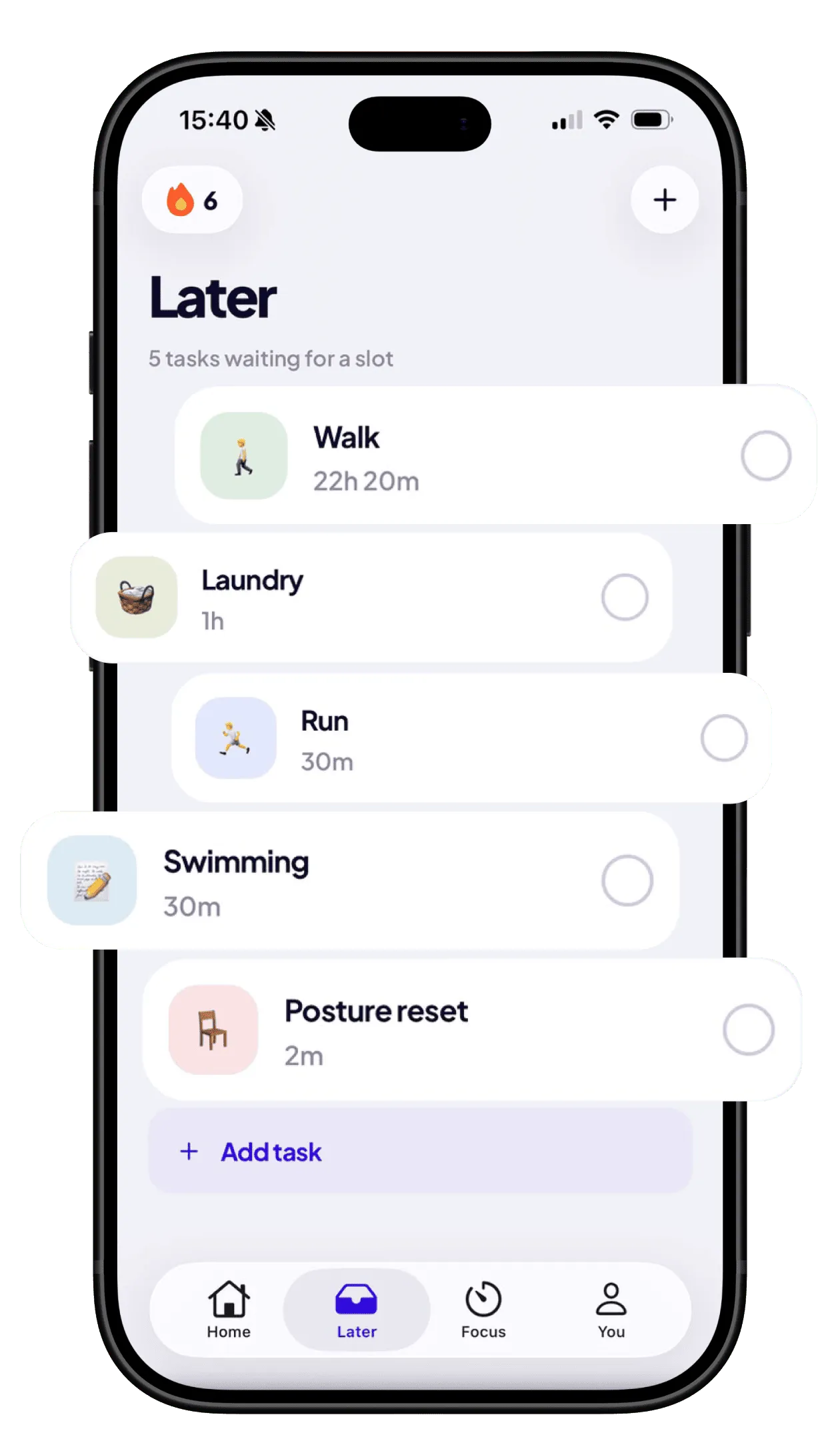 Later list: walk, laundry, run, swimming, posture reset